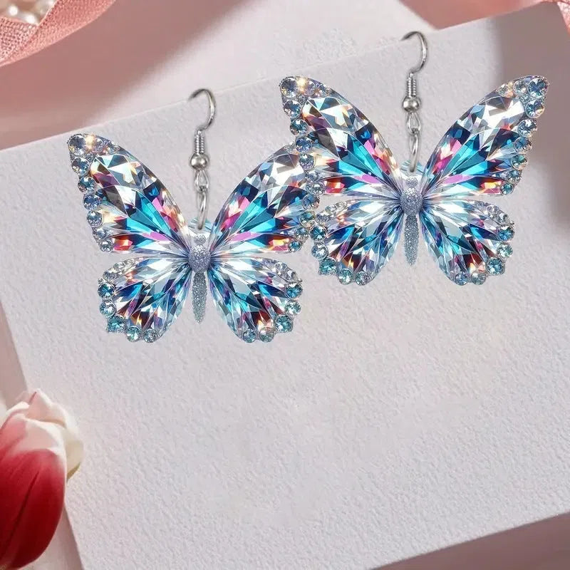 Colourful sparkling 2D acrylic earrings with butterfly design, mallard style finish, unisex