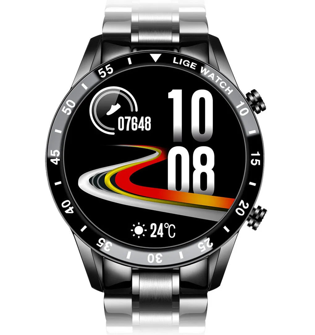 Smart watch with stainless steel wristband and 1.3-inch touchscreen display showing interface