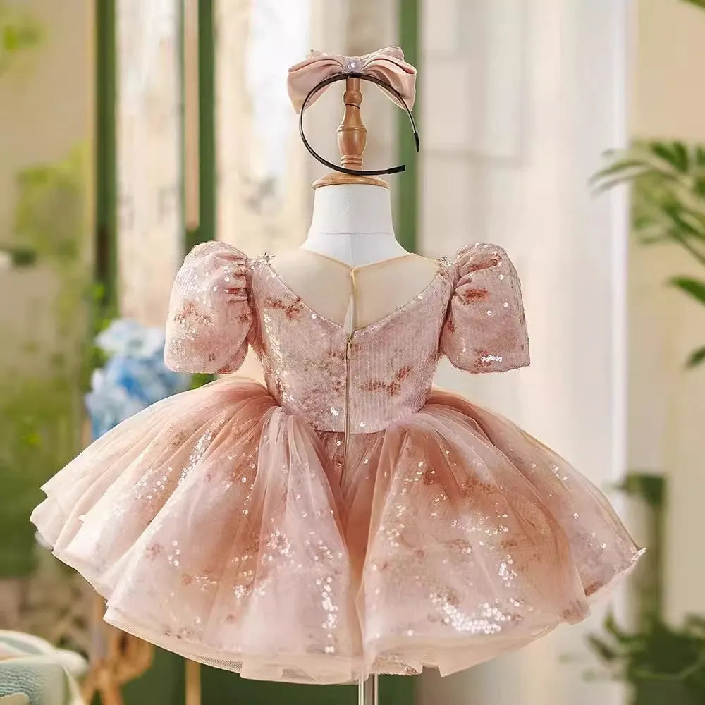Girls' pink princess dress for birthday and piano recital, available in heights 80cm to 150cm