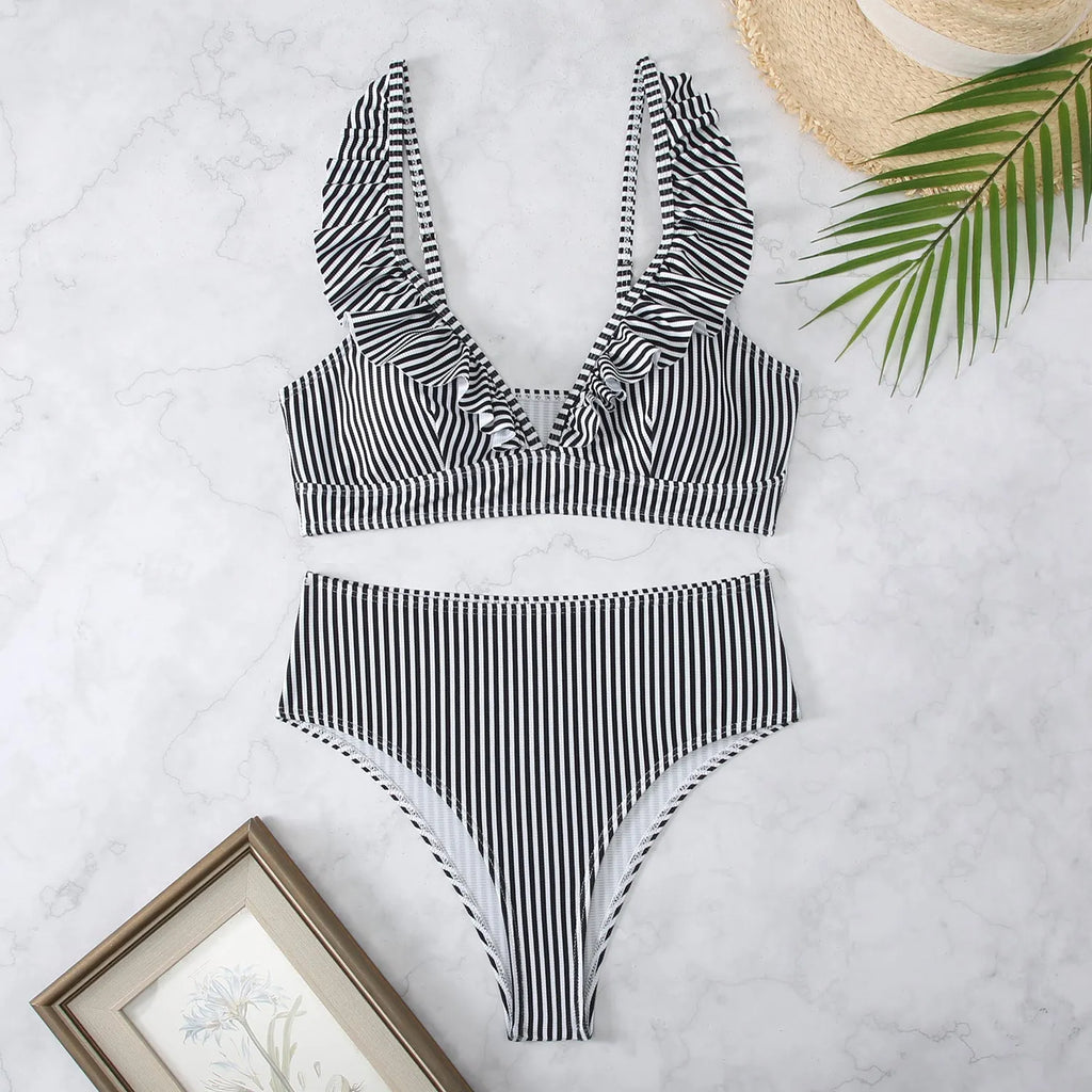 Women's retro striped bikini swimwear set with split small chest design.