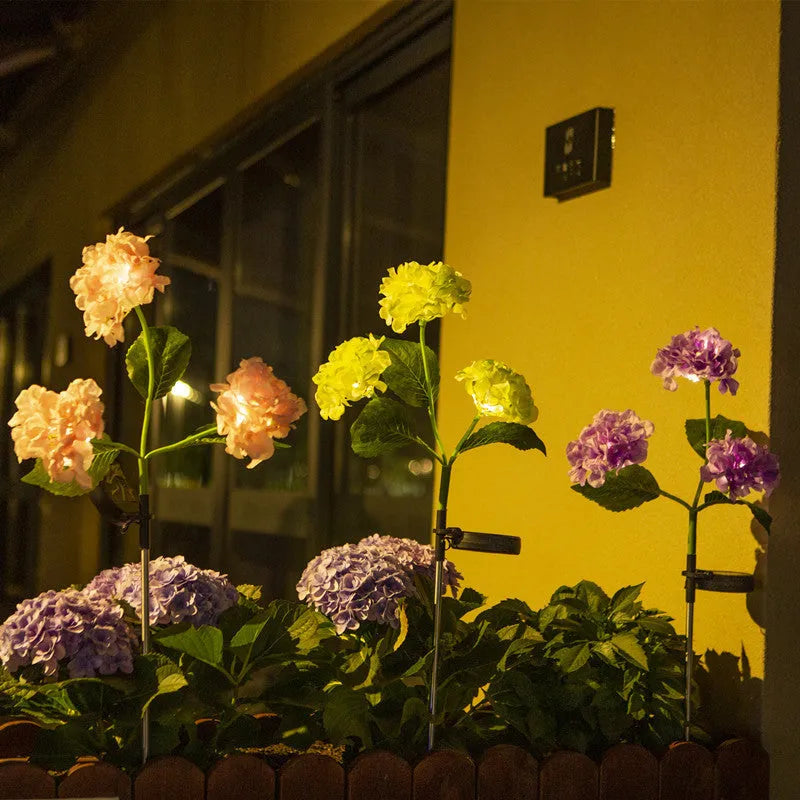 Solar hydrangea garden decorative light in outdoor setting showing flower design