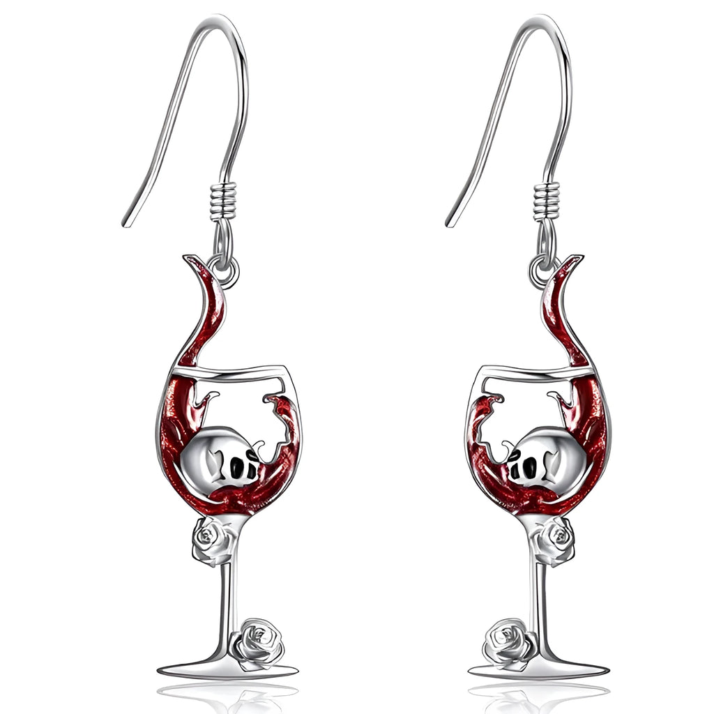 Pair of Halloween earrings featuring a skull shaped like a wine glass, made from electroplated zinc alloy.