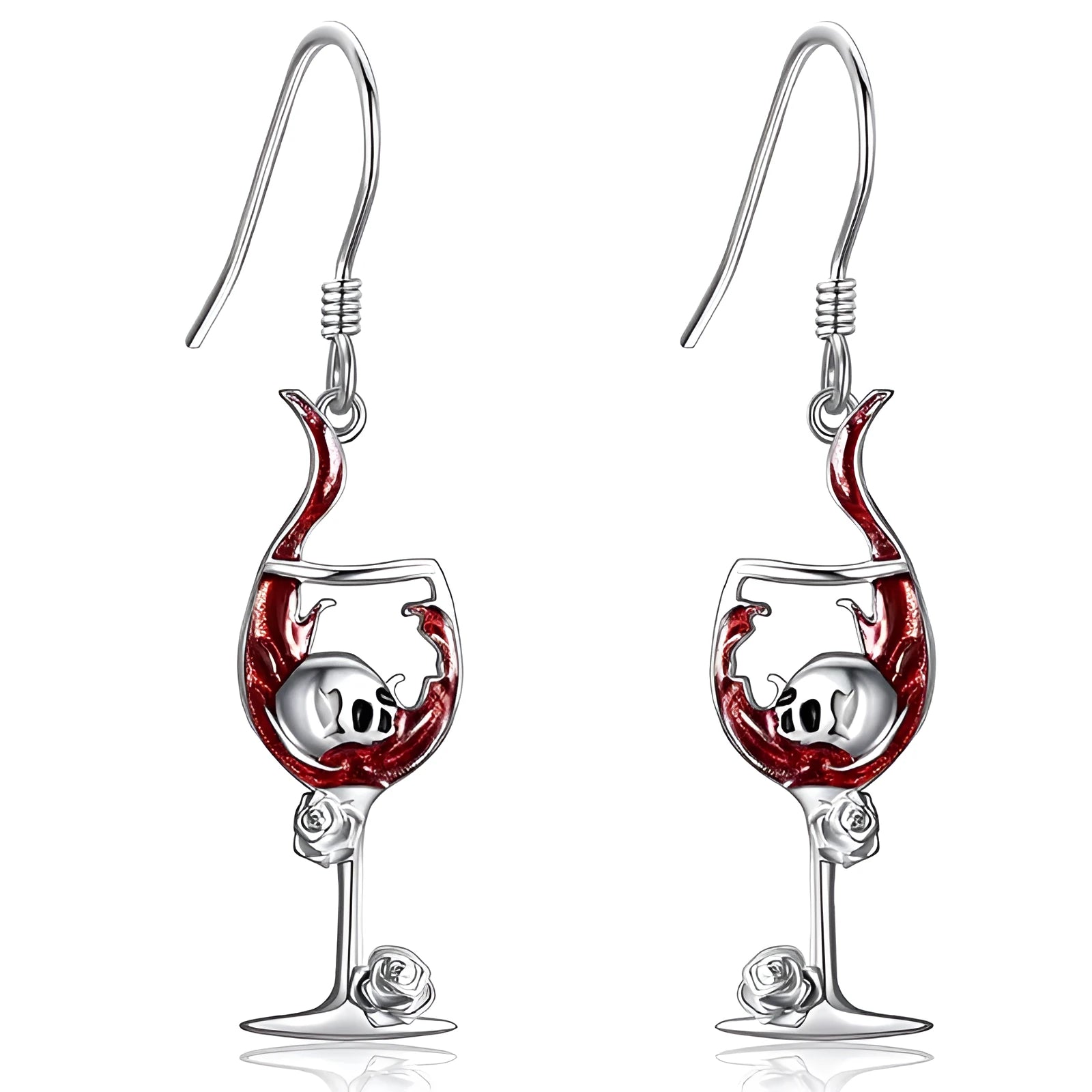 Pair of Halloween earrings featuring a skull shaped like a wine glass, made from electroplated zinc alloy.