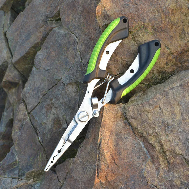 Multifunctional fishing pliers with blue handle, straight mouth, hook, and nylon storage bag.