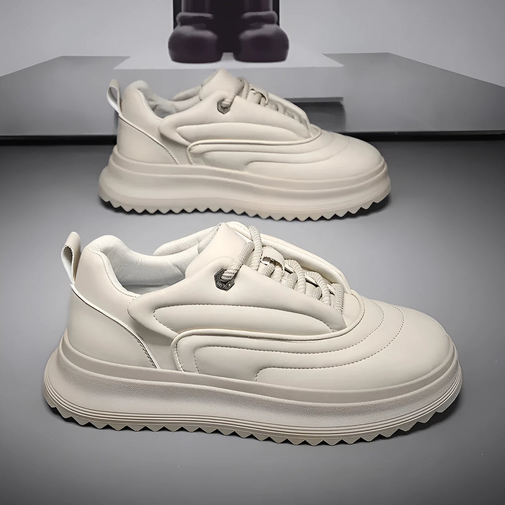Casual cowhide leather sports shoes with thick sole in khaki, apricot, white, or black.
