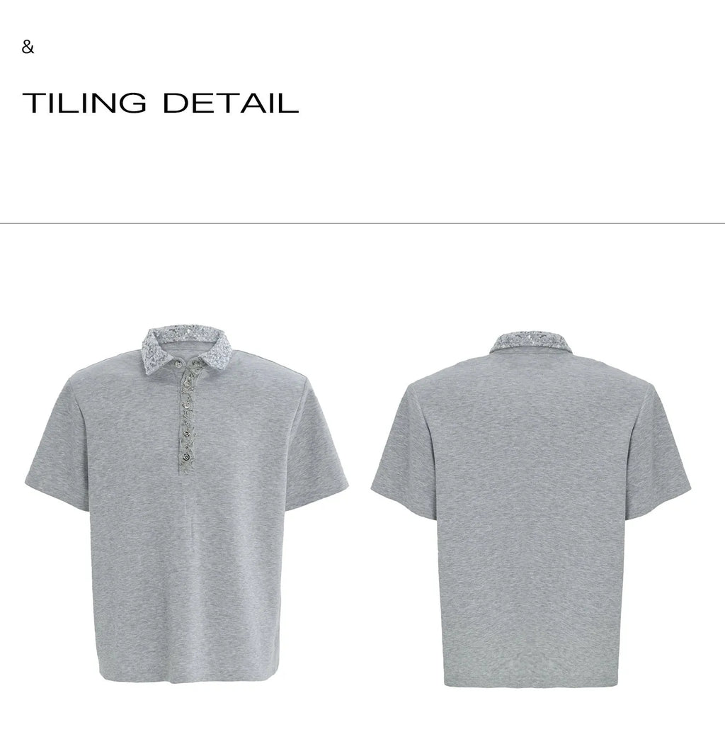 Loose fit square neck short sleeved shirt with sequins and metal decoration in black, grey or white