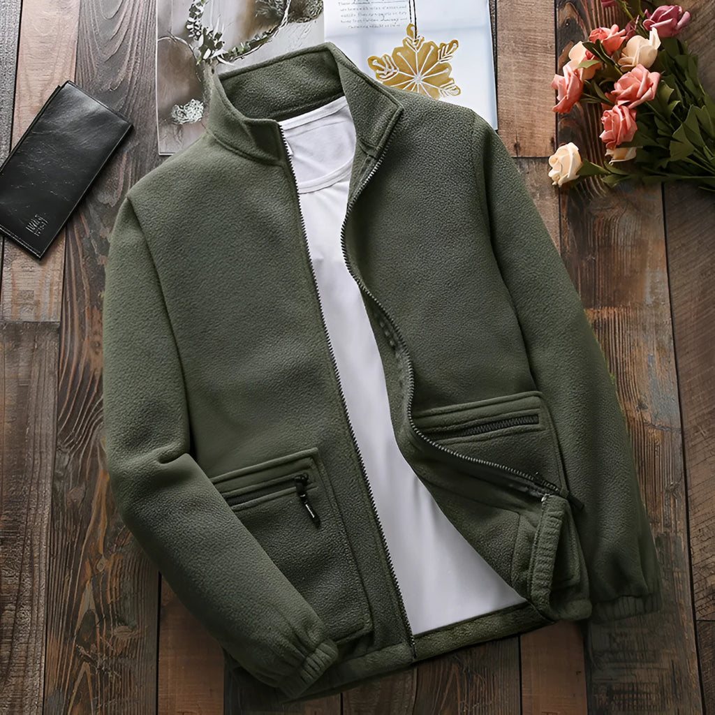 Men's fleece-lined thickened lamb wool fleece jacket cardigan in army green, loose fit, zip front, polar fleece fabric