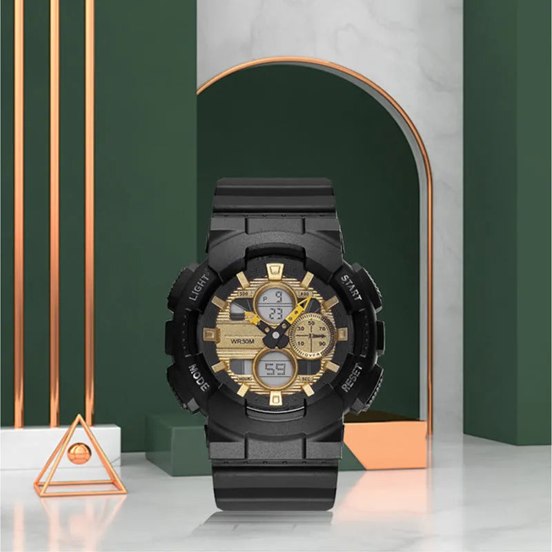 Men's waterproof electronic watch with double insert dial and 50mm plastic case in black gold
