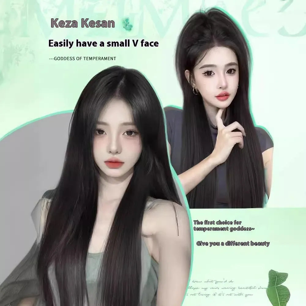 Female full-head wig with forehead lace in brown black colour showing fluffy construction and seamless hairline blending