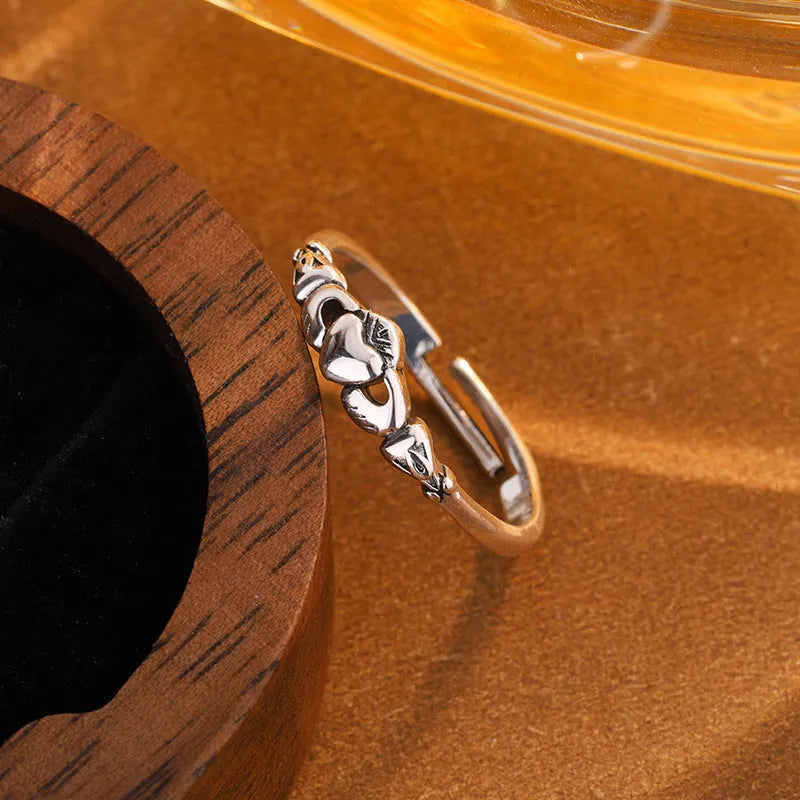 Retro silver copper open ring with heart shape for women