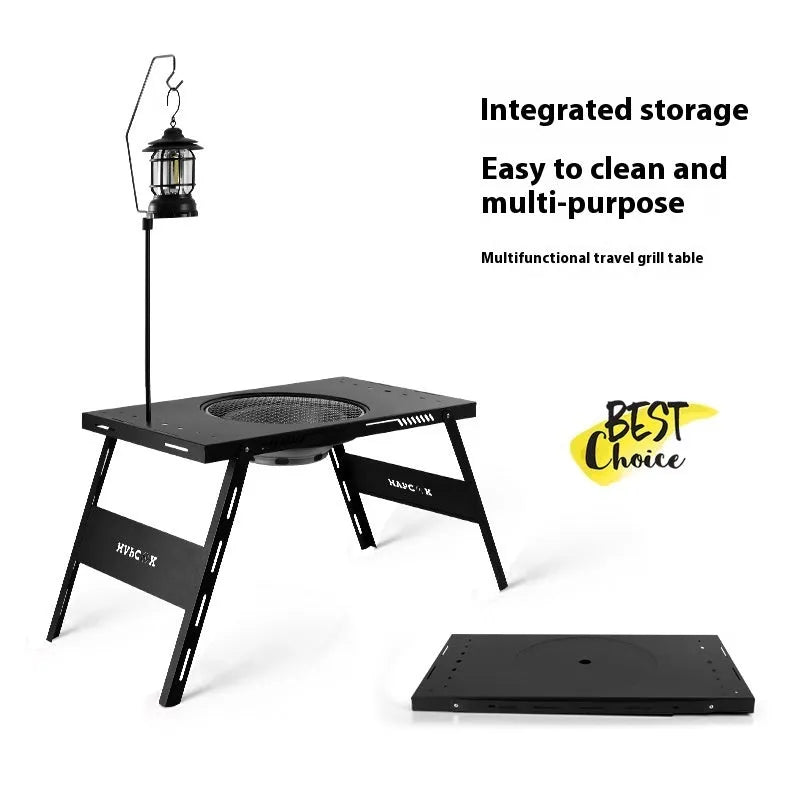 Folding outdoor cooking table with steel construction and grill set for camping