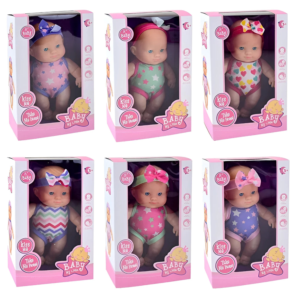 A 21.5cm tall vinyl baby figurine doll, a decorative model available in six different colour options.