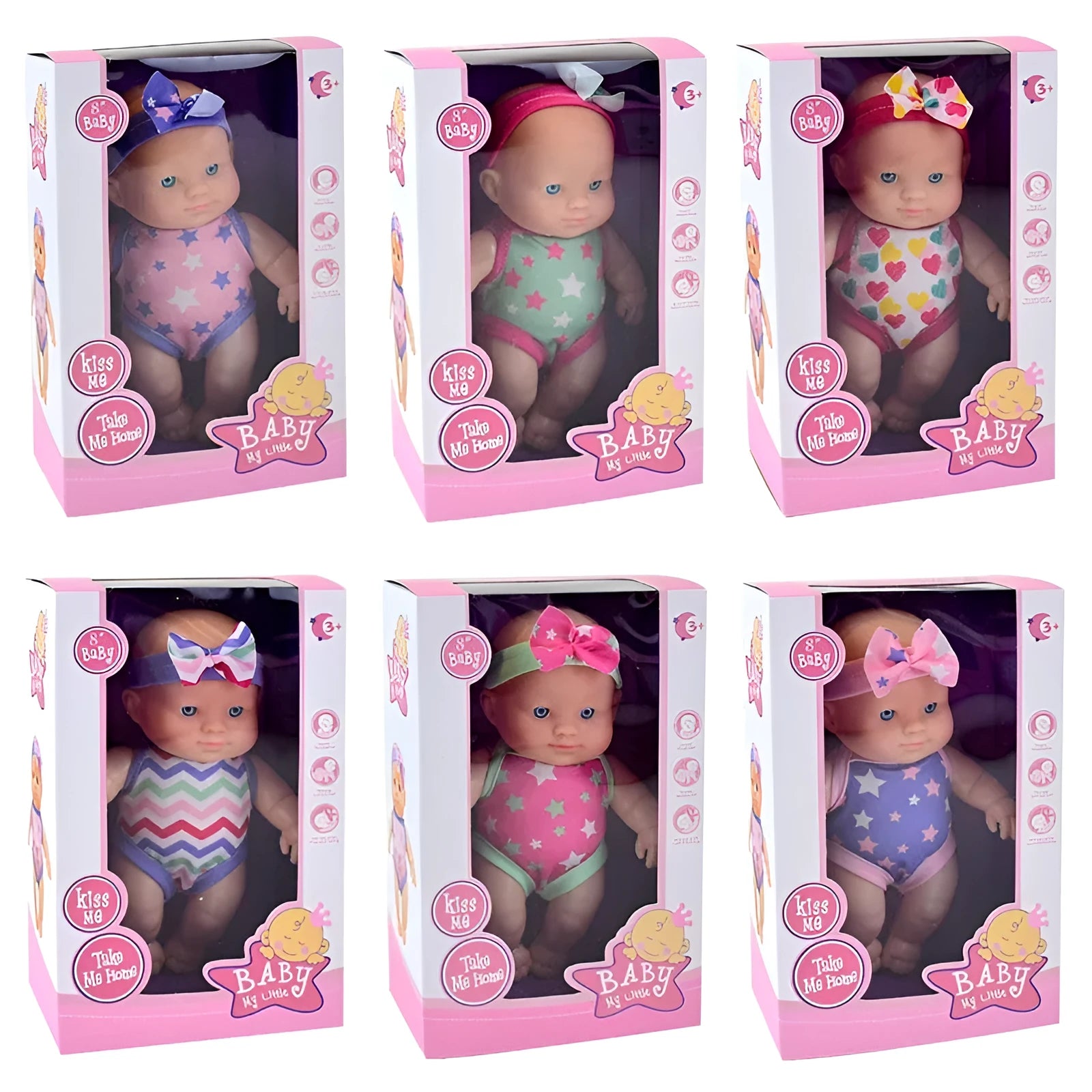 A 21.5cm tall vinyl baby figurine doll, a decorative model available in six different colour options.