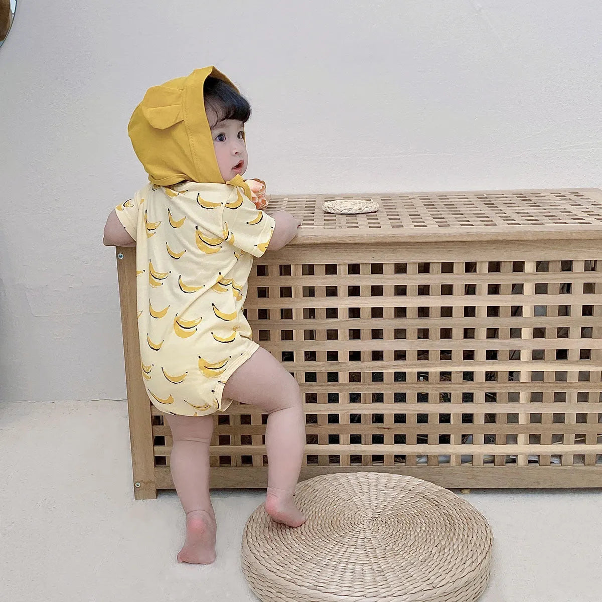 Unisex baby pure cotton short sleeve triangle jumpsuit with matching hat, Banana and Pineapple prints, Korean style