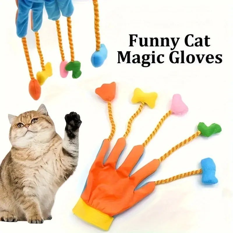 Yellow and blue plush glove cat toy with bell and trailers for interactive play