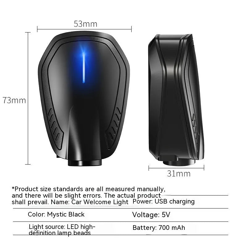 F2 black USB rechargeable wireless car welcome light unit showing front illumination