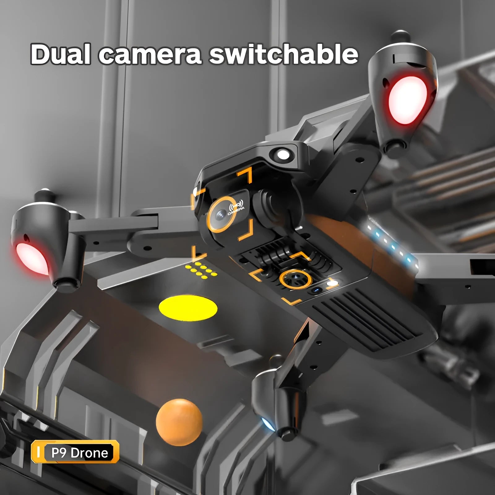 Quadcopter drone with 8K electric modulation lens and obstacle avoidance in black or orange colour