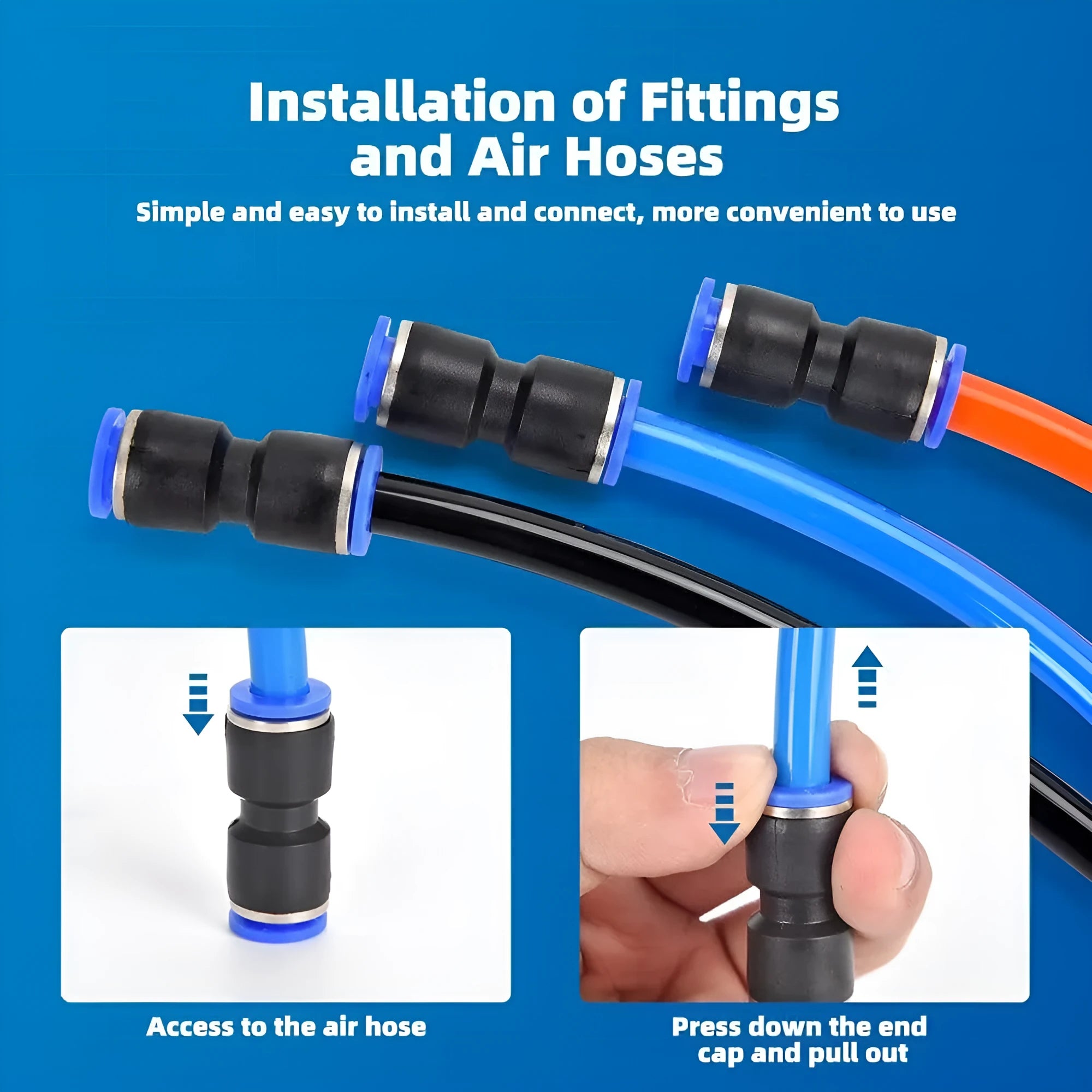 60-piece pneumatic push-in connector kit with alloy plastic R1/4 and R1/2 inch fittings