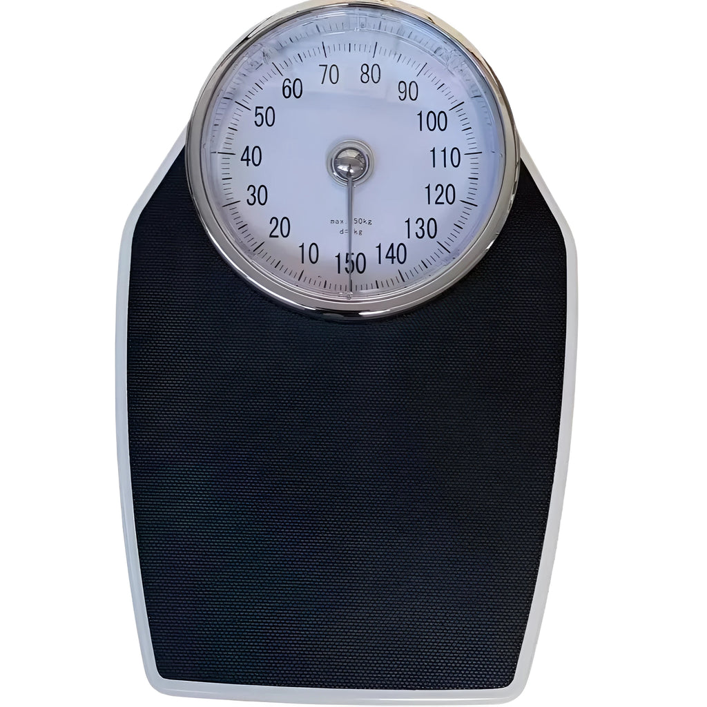 Black mechanical weight scale with large dial measuring 47x35x11cm