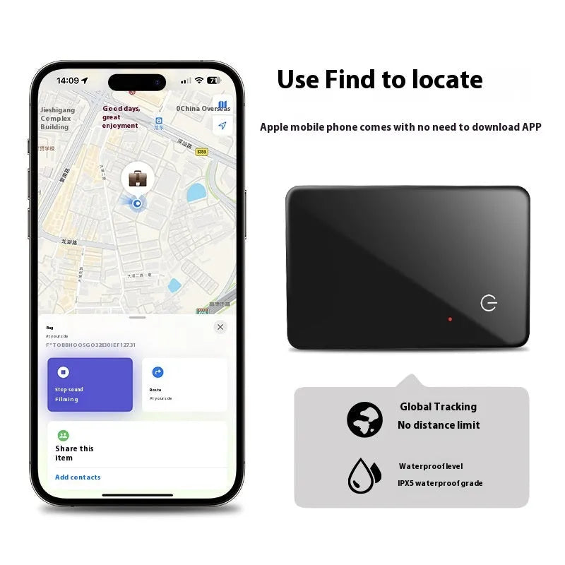 Black pet tracking card device with wireless charging NFC and hanging hole measuring 85mm