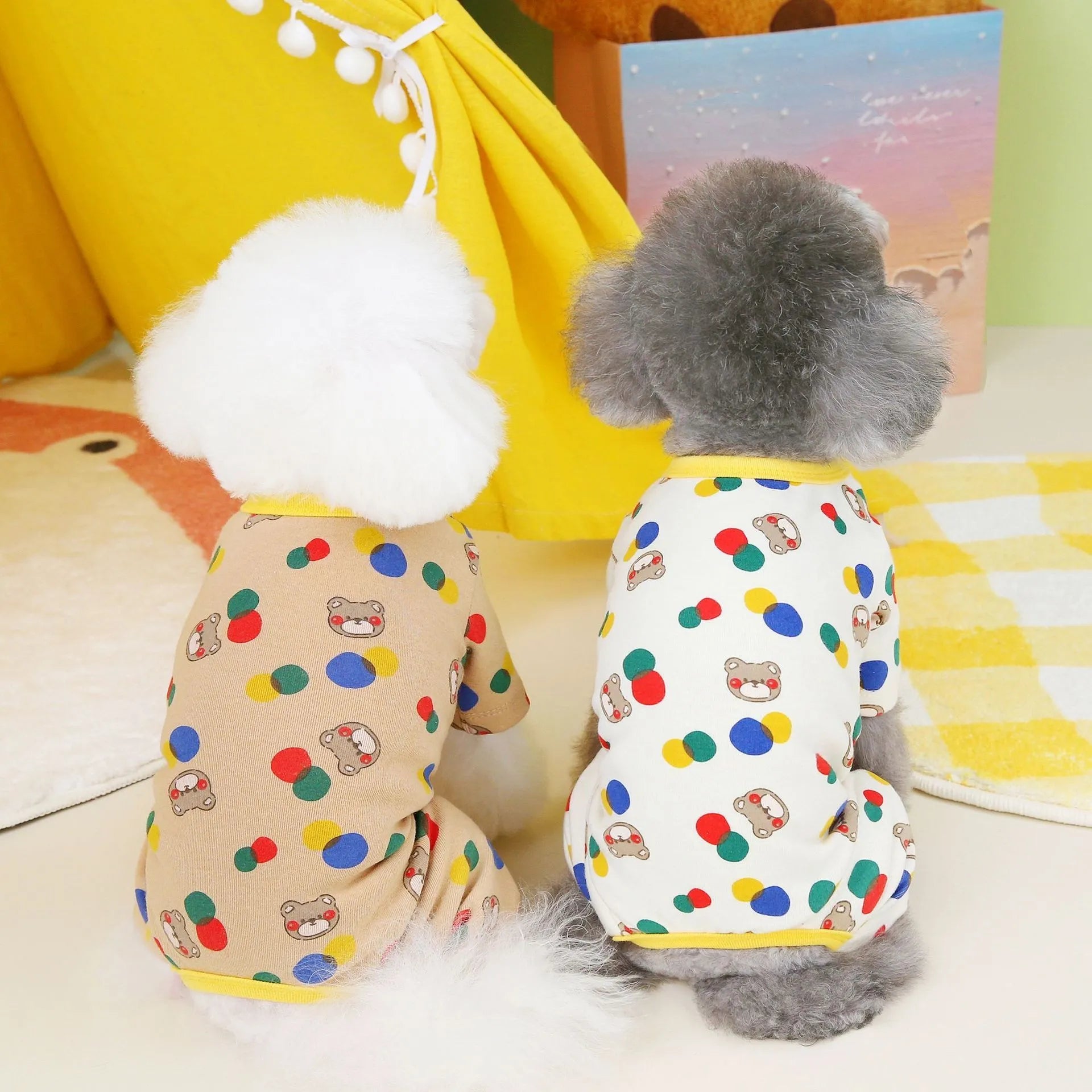 Dog wearing ball bear design cotton blend pet clothes in beige colour