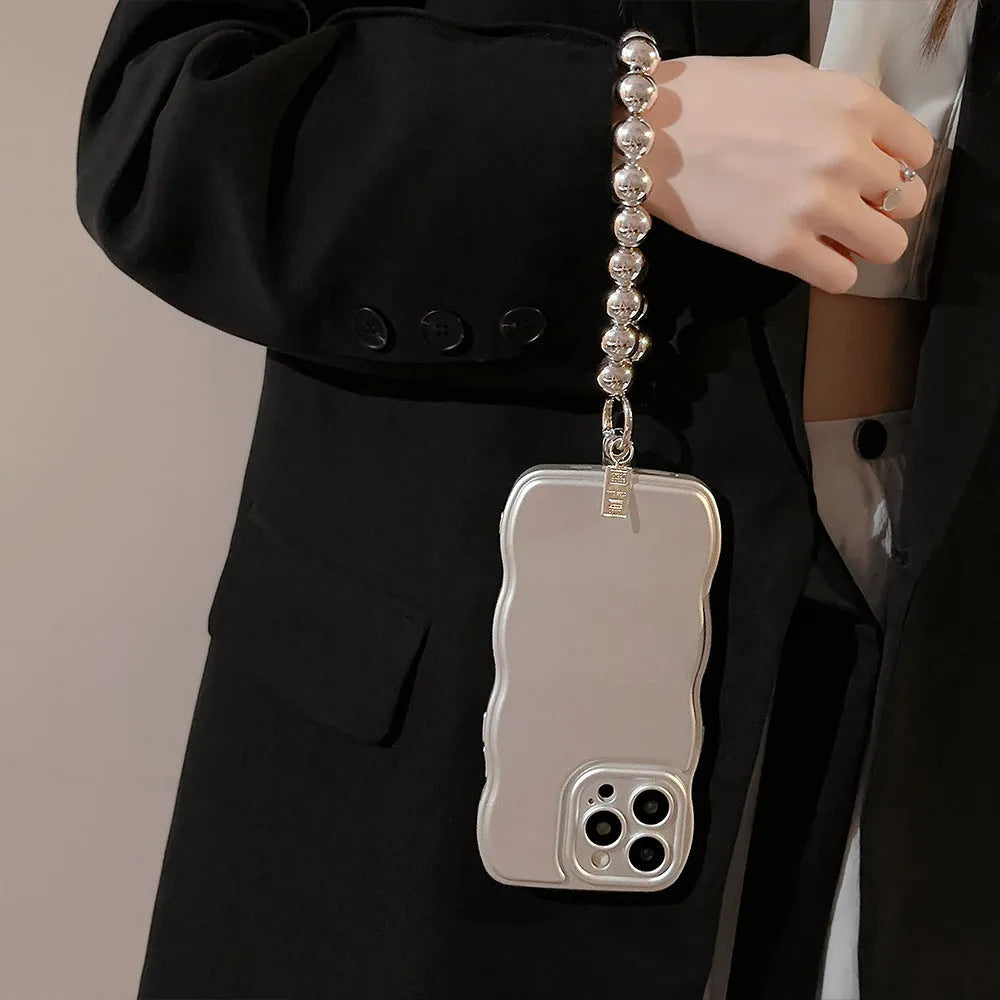 Niche metal silver electroplating bracket phone case for iPhone with geometric design and lanyard