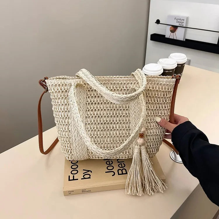 Women's soft straw crossbody bag with diagonal grass weave in milky white or khaki colour