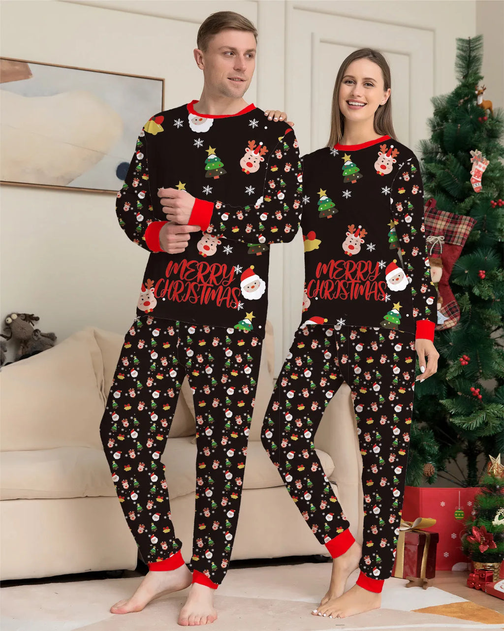 Family Christmas matching pajamas set in cotton plaid print showing coordinated adult, child and pet sizes