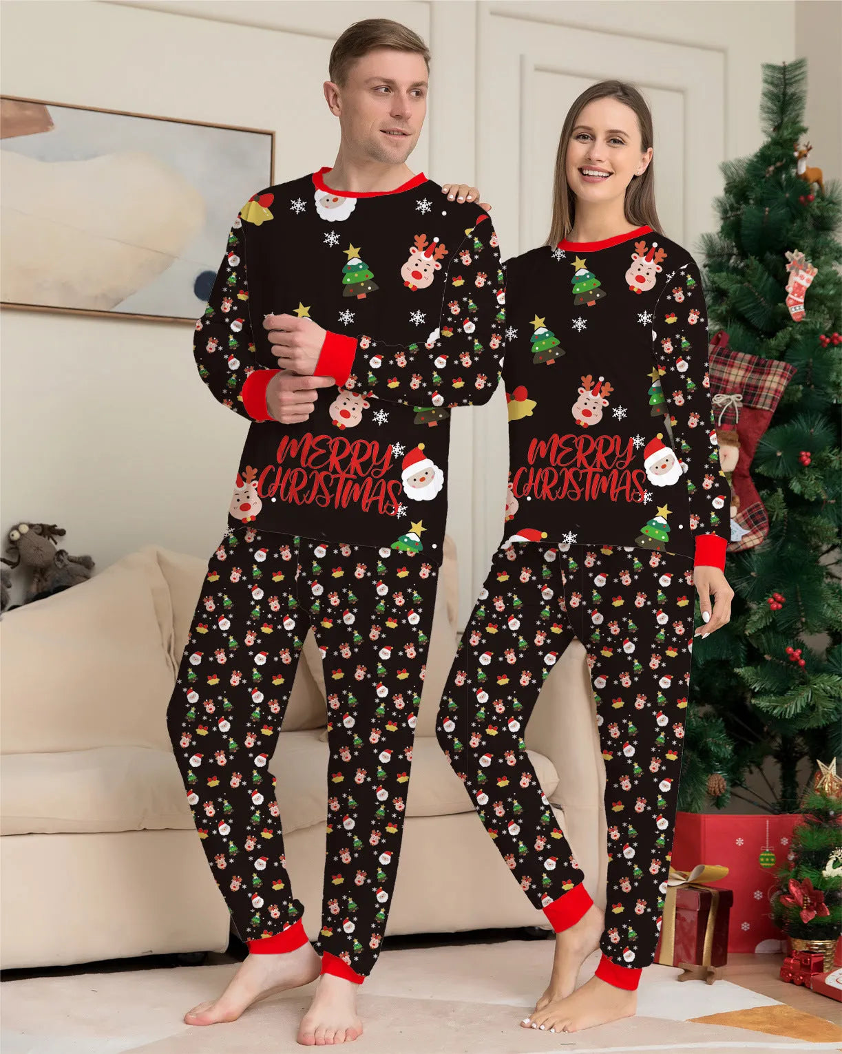 Family Christmas matching pajamas set in cotton plaid print showing coordinated adult, child and pet sizes