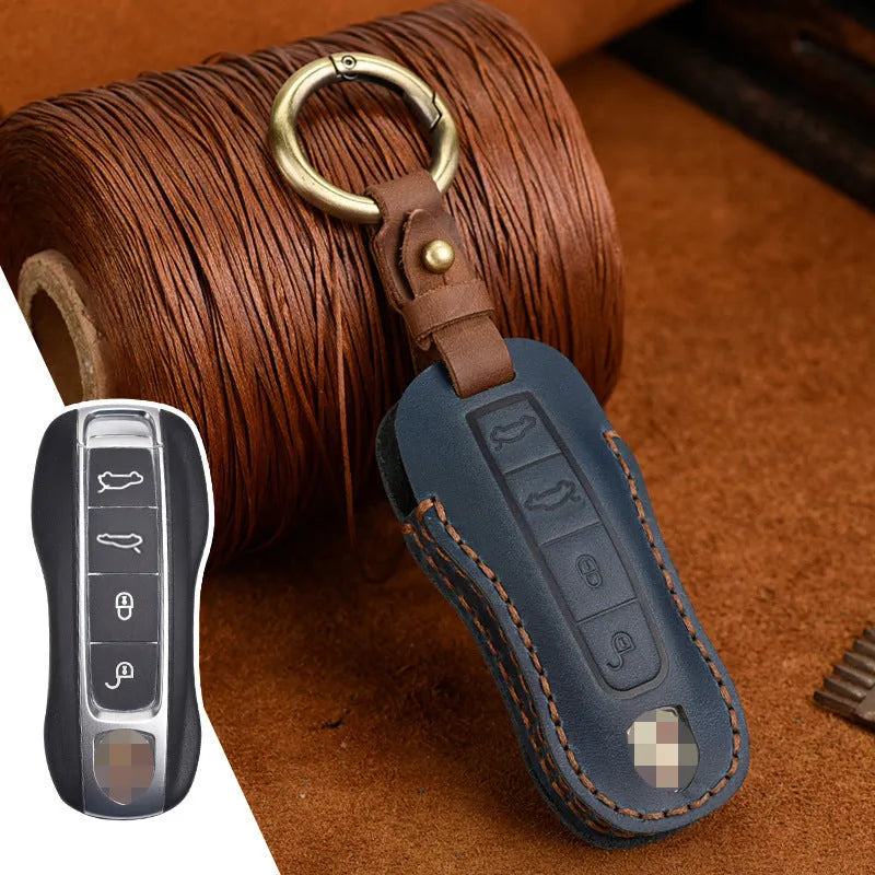 Porsche key cover made from brown cowhide leather with retro bag buckle design