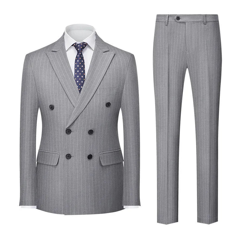Men's slim fit two-button suit jacket and trousers in a dark grey colour for business formal wear.