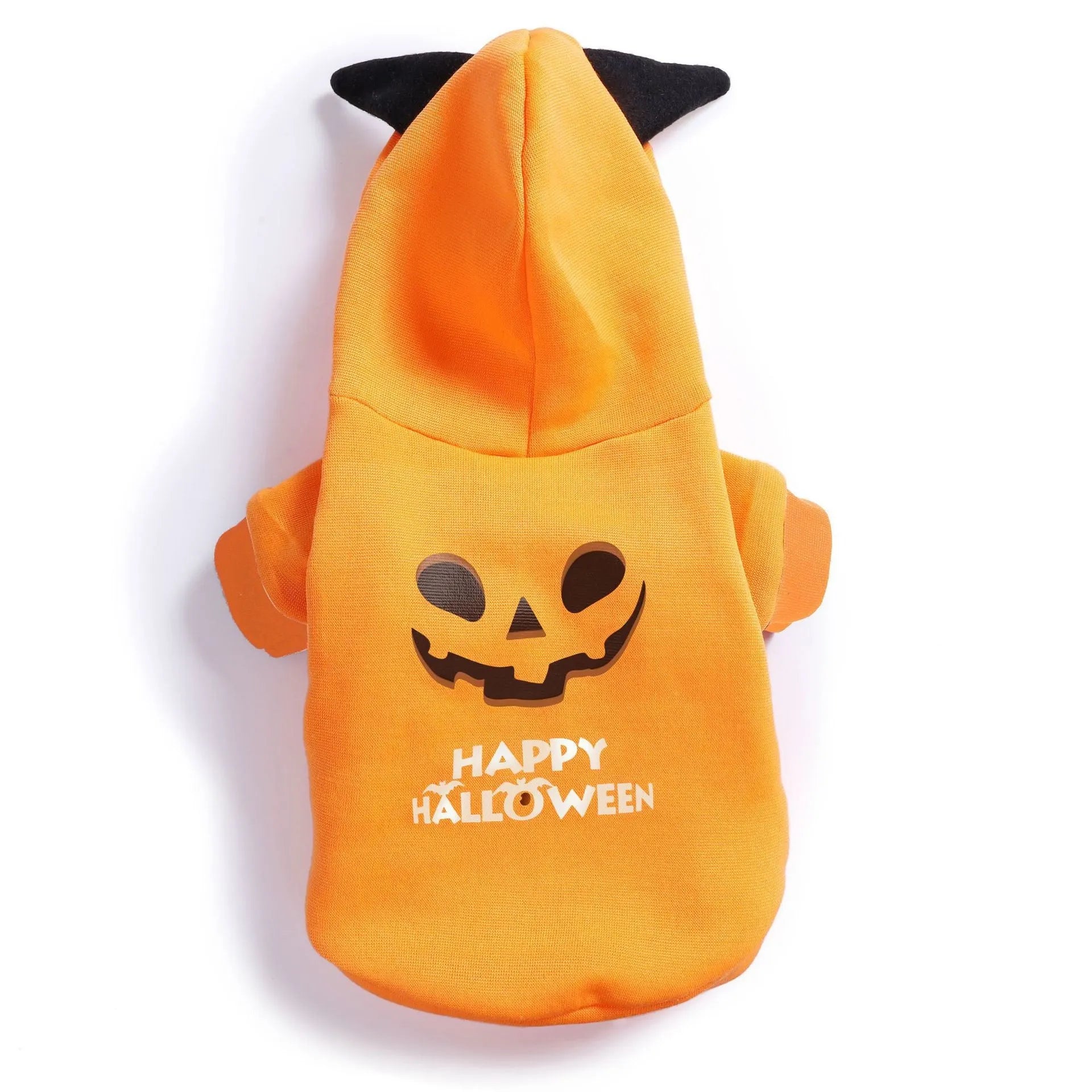 Halloween pumpkin flannel dog sweater in yellow on a small dog with orange pumpkin pattern