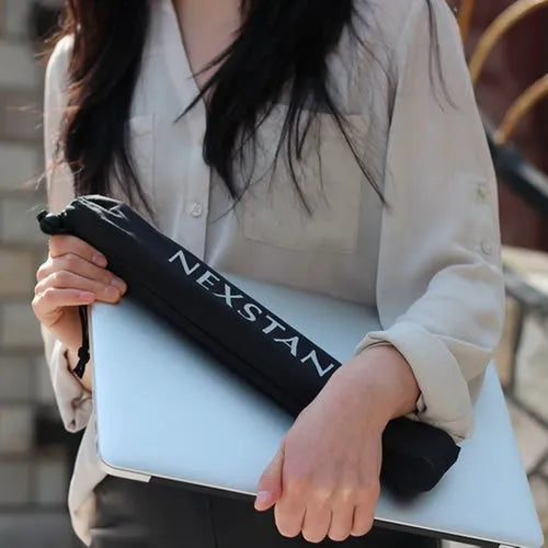 Sagacious black portable laptop stand with foldable enhanced nylon construction and storage bag