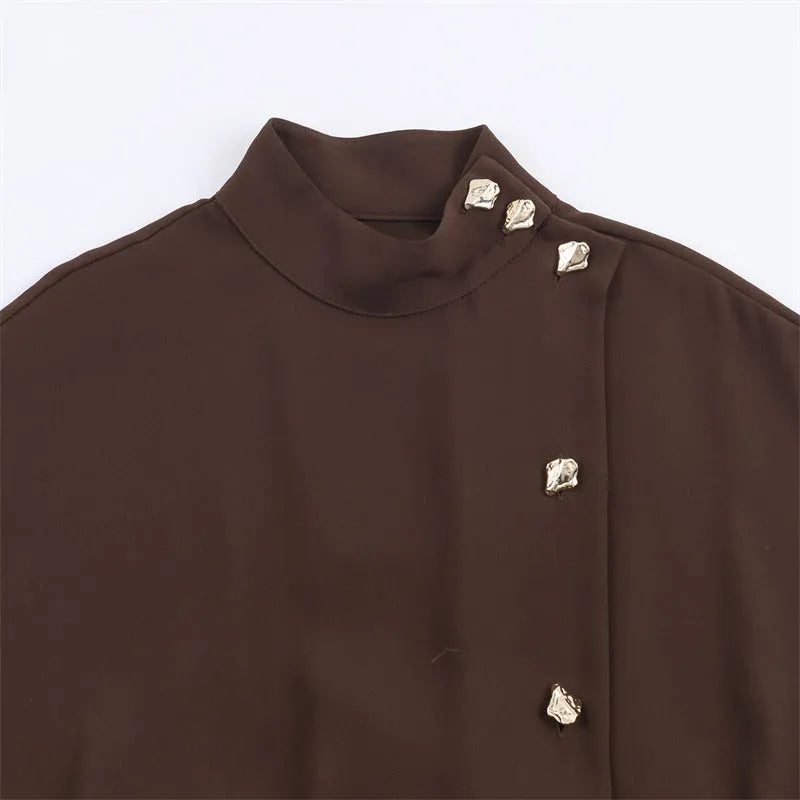 Brown women's belted dress with hood, long sleeves, and pleated irregular skirt in knitted mercerised cotton