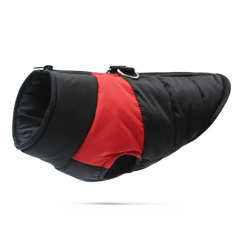 A waterproof padded dog vest jacket with a zip, shown in one of seven available colours.
