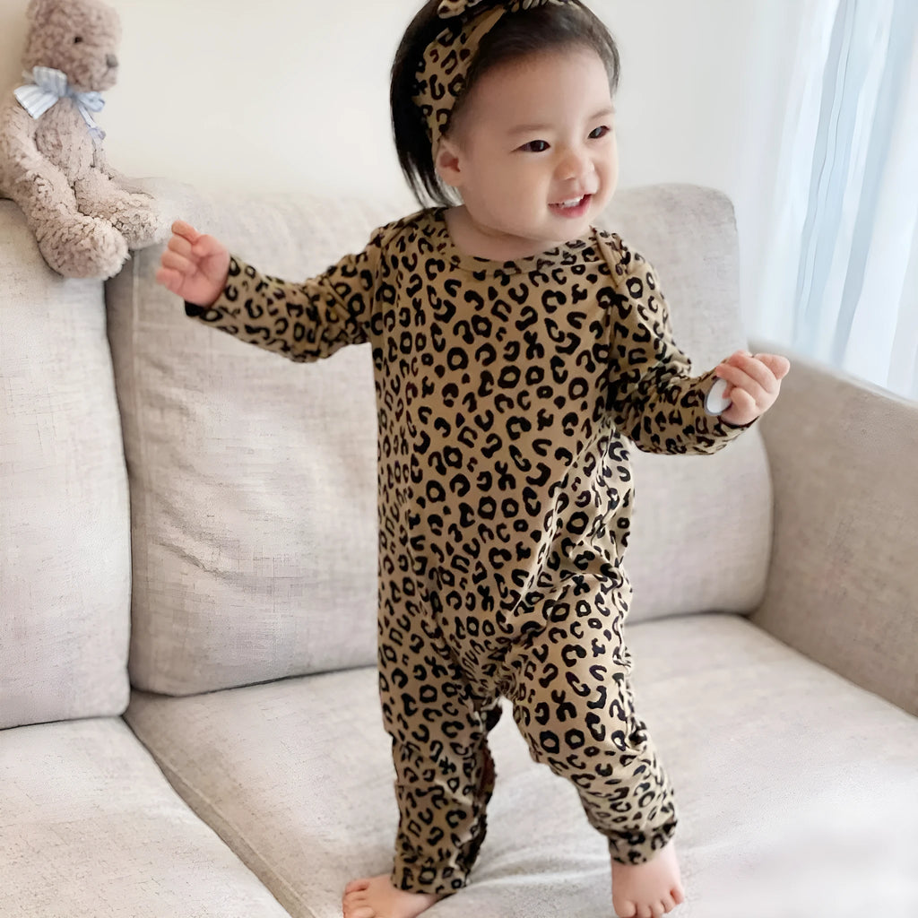 Brown leopard print cotton long-sleeved baby jumpsuit with matching headband