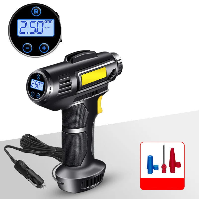Black wireless digital display car tire air pump with USB charging cable and three nozzles on a grey background.