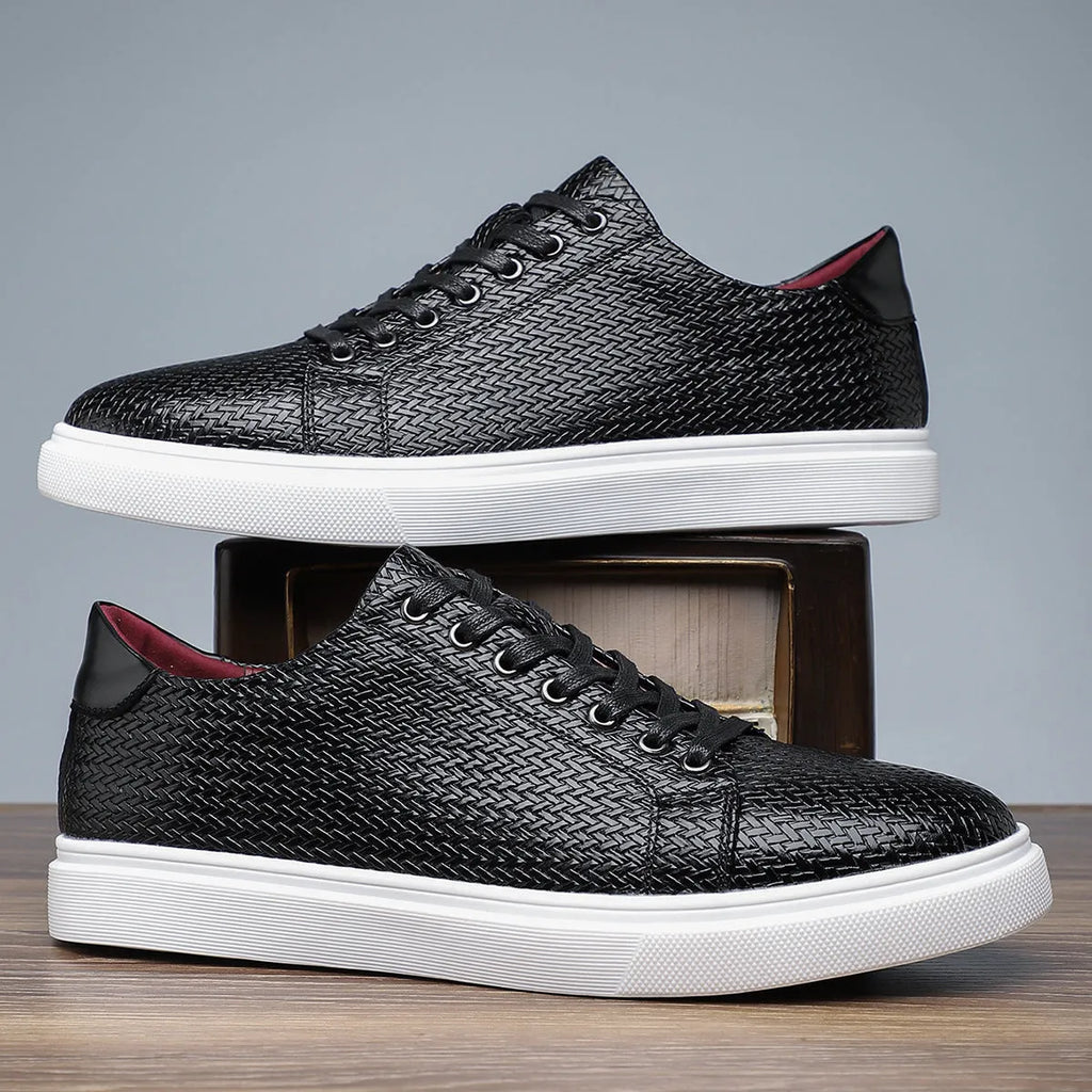 Men's black low-top business leather shoes with a rubber sole and stitching detail.