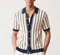 Men's white asymmetric lapel short sleeve knitted shirt with stripe pattern
