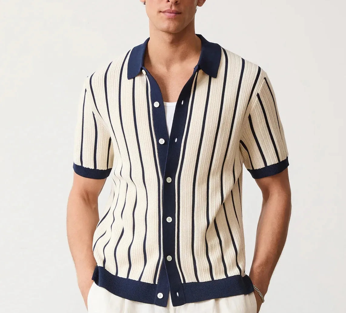 Men's white asymmetric lapel short sleeve knitted shirt with stripe pattern