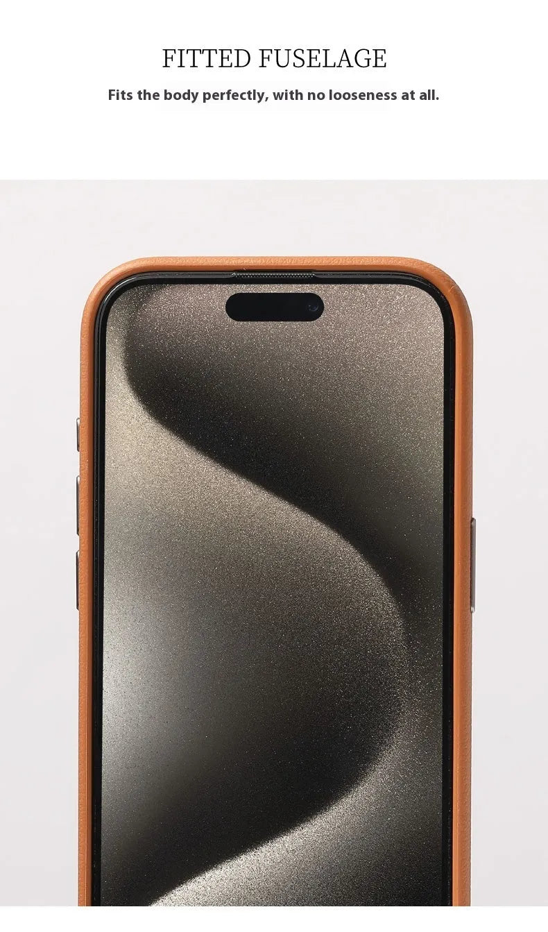 Black leather iPhone cover with MagSafe compatibility and alloy lens protection