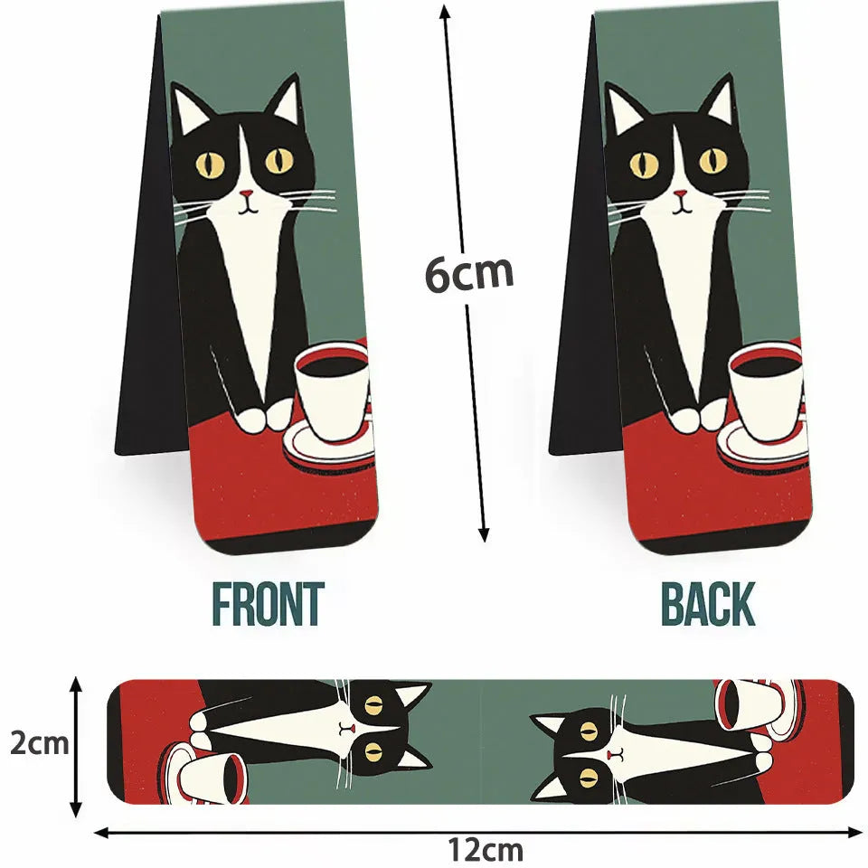 Set of five magnetic bookmarks with cute cat designs in assorted colours, displayed on a book page