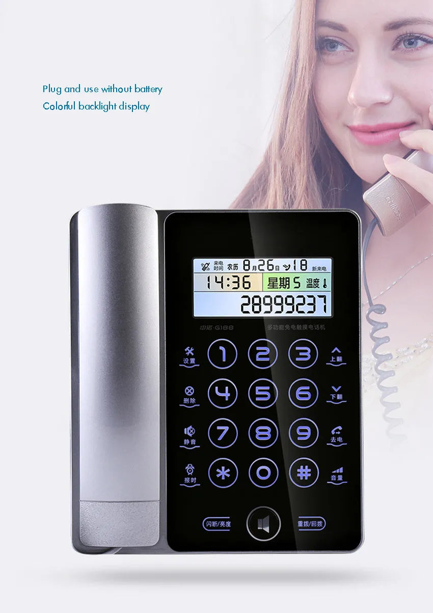 Creative Fashion G188 gold touch screen landline telephone on a desk
