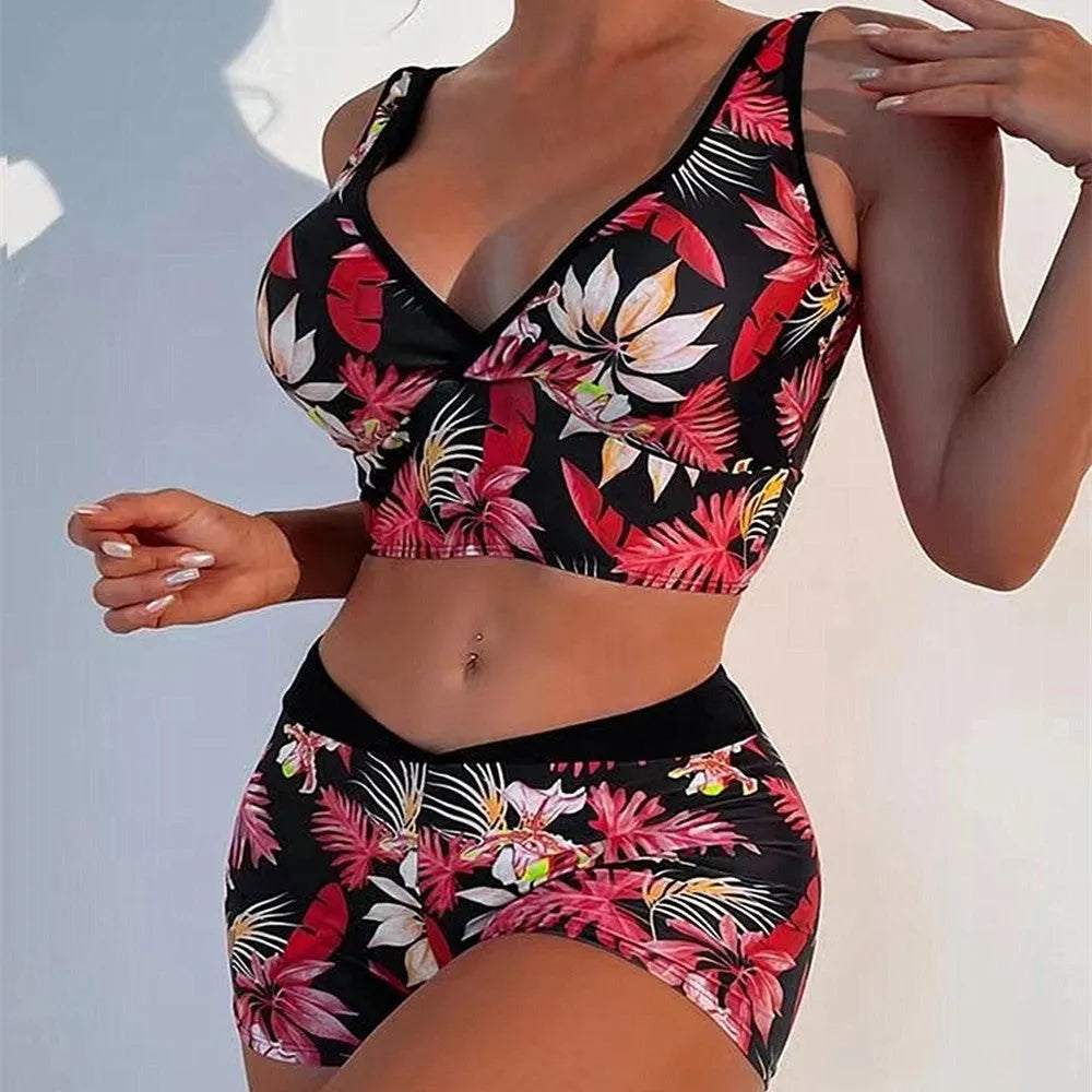 Women's two-piece swimsuit with printed boxer briefs and sleeveless top in polyester fabric
