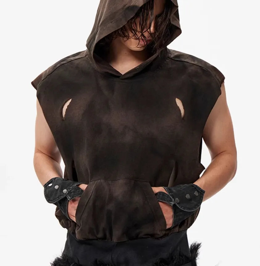 Khaki coloured short hood vest made of cotton fabric for teenagers, shown in size L.