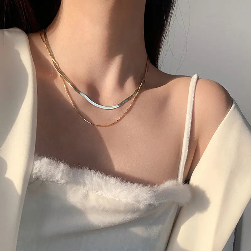 Double layer snake bone sterling silver necklace for women, gold and platinum finishes, adjustable length