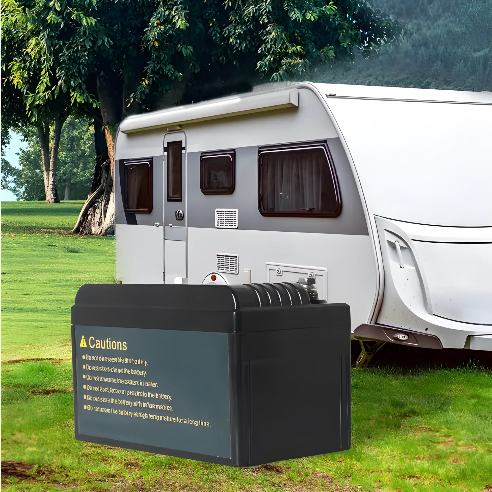Black 12V 100Ah lithium iron phosphate battery showing terminal connections and compact case.
