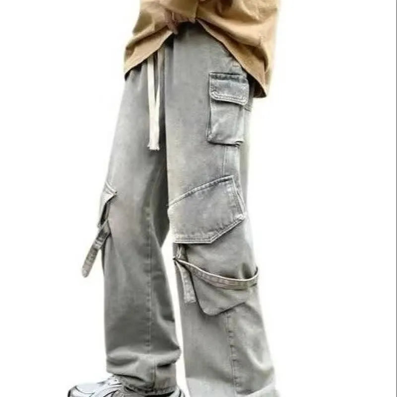Men's heavy-duty loose multi-pocket washed casual pants in black synthetic fibre blend with button fly