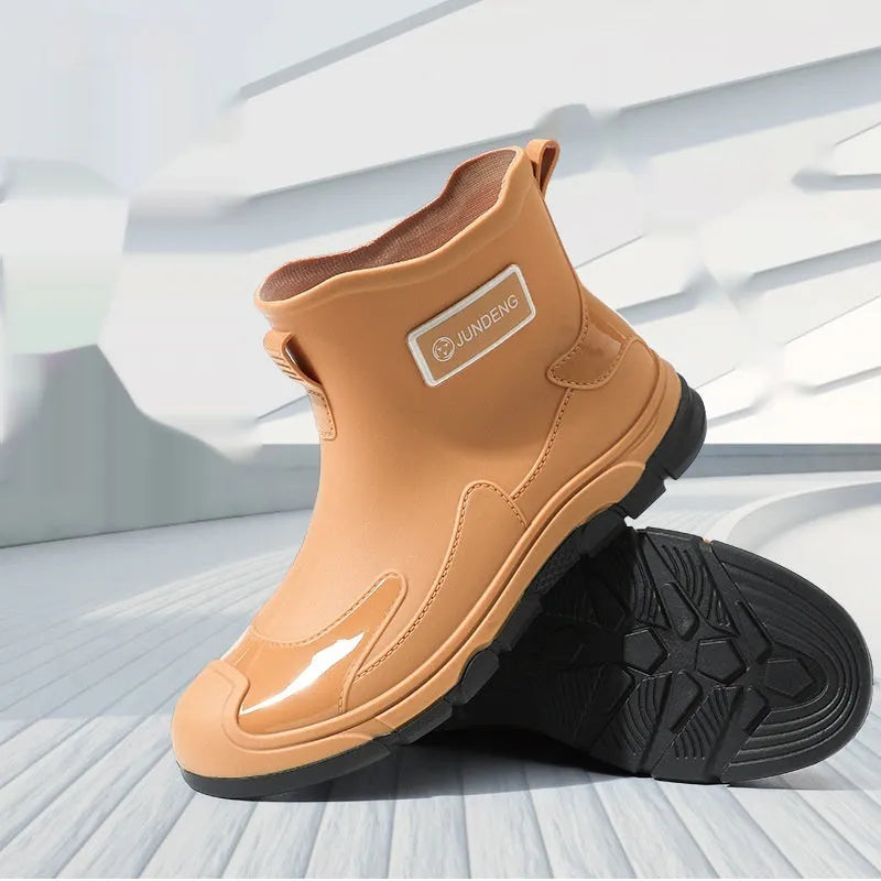 Korean style PVC waterproof boots with low tube design and integrated moulded sole in black colour