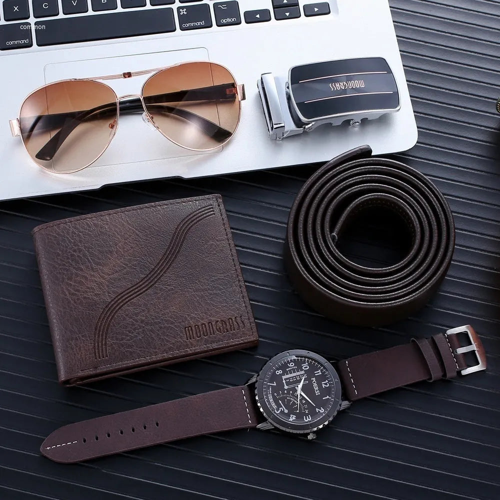 Men's brown watch set including watch, belt, glasses, and wallet in OPP packaging